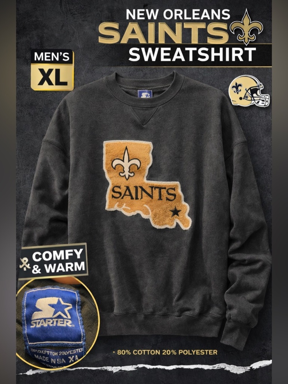 Vintage saints embroidered STARTER Black Men’s Crewneck Sweatshirt - XL